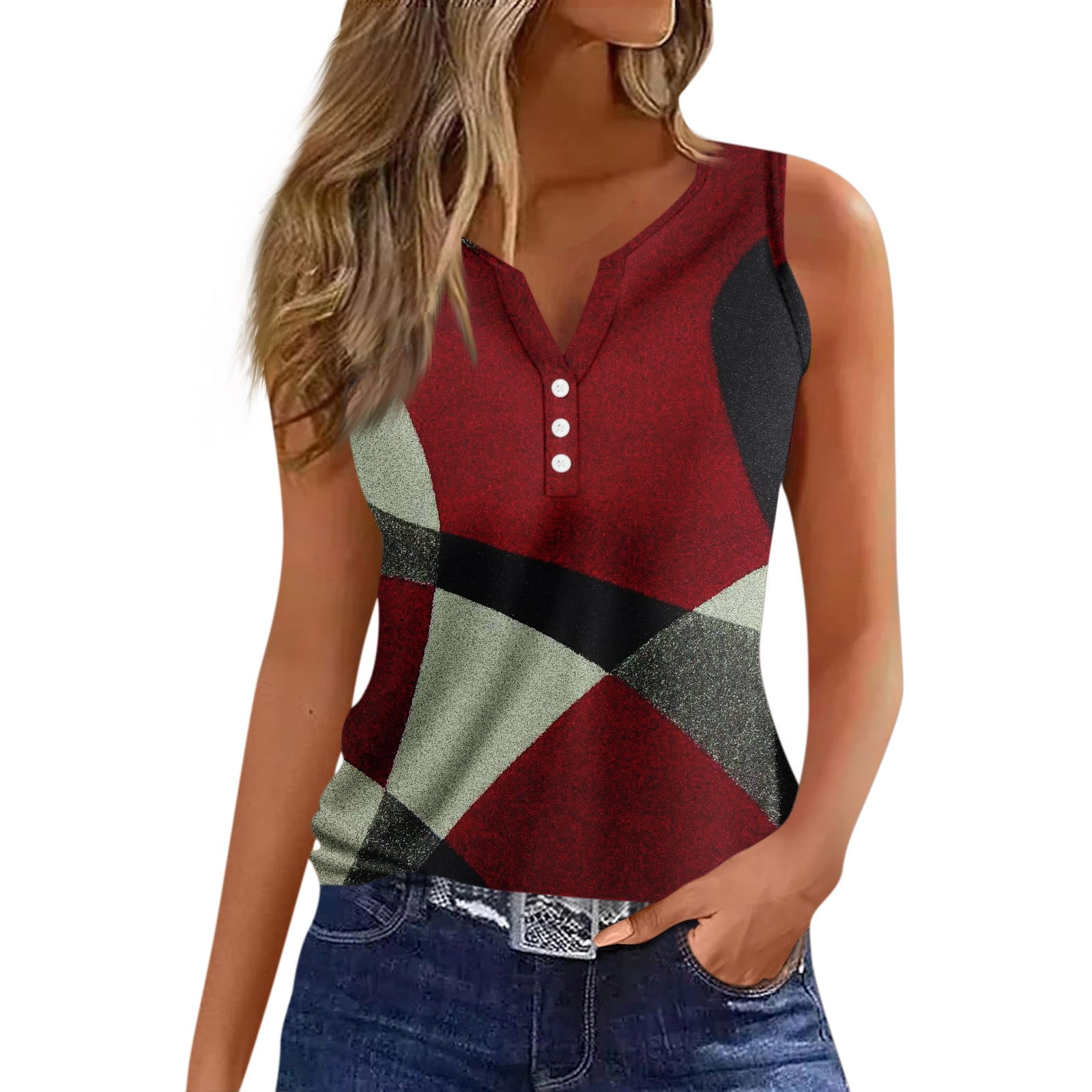 OURS Women's Floral Spaghetti Strap Tank Top – Loose V-Neck Tunic, Sleeveless Summer Blouse (Wine, M)