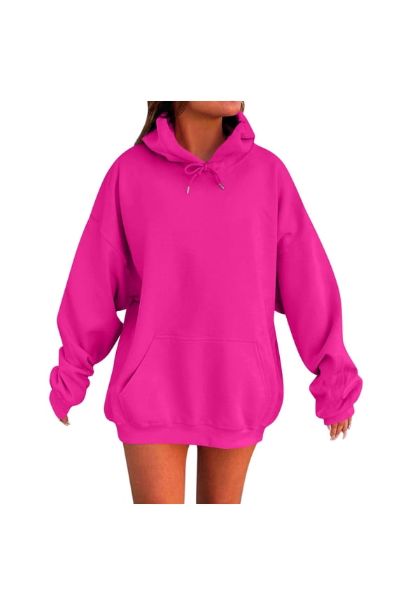 TQWQT Women's Hot Pink Hoodie Long Sleeve Solid Color Y2k Hoodies Oversized Cute Hooded Pullover Plus Size Pullover Tops with Pockets Hot Pink XL