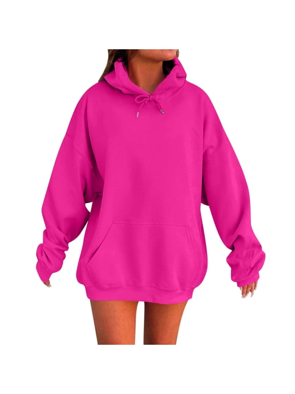 TQWQT Women's Hot Pink Hoodie Long Sleeve Solid Color Y2k Hoodies Oversized Cute Hooded Pullover Plus Size Pullover Tops with Pockets Hot Pink XL