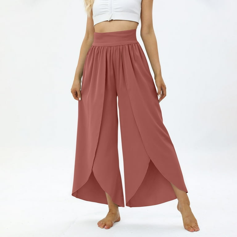 Womens Wide Leg Trousers - Summer Thin Baggy Flowy Side Slit Yoga