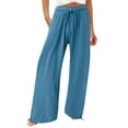 thumbnail image 1 of TQWQT Women's Linen Wide Leg Pants 2024 Summer Casual Elastic Waistband Drawstring Beach Palazzo Pants Straight Trousers with Pockets Blue M, 1 of 5