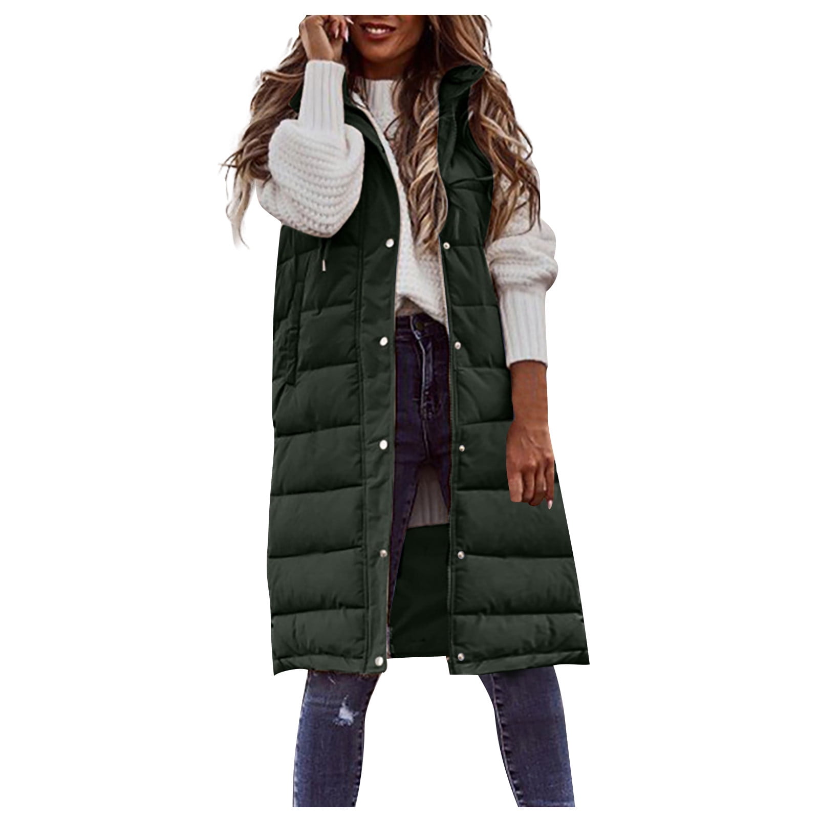TQWQT Women s Long Quilted Vest Hooded Maxi Length Sleeveless Puffer Vest Padded Coat Winter Outerwear Walmart