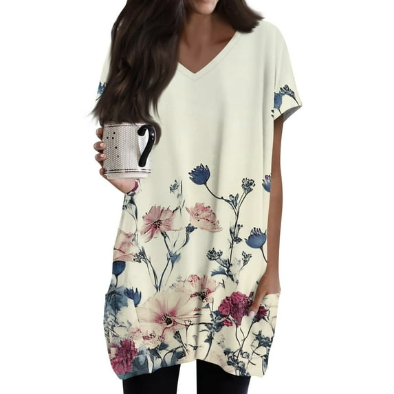 TQWQT Women's Long Shirts Oversized Tunic Tops Long Shirts for Leggings with Pockets Short Sleeve Plus Size Shirt Summer V-Neck T-Shirts Ethnic Floral Print Long Tops