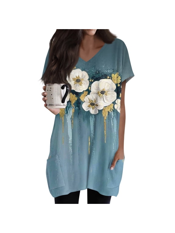 Women's Long Shirts Oversized Tunic Tops Long Shirts for Leggings with Pockets Short Sleeve Plus Size Shirt Summer V Neck T Shirts Ethnic Floral Print Long Tops