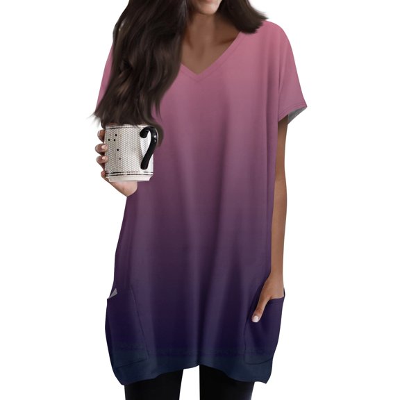 TQWQT Women's Long Shirts for Legging Plus Size Tunic Tops with Pockets Summer Oversized Gradient T-Shirts V Neck Short Sleeve Casual Women Clothes