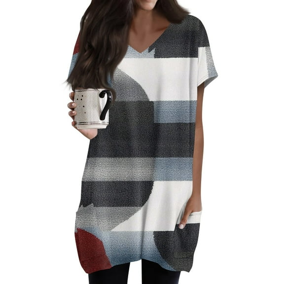 TQWQT Women's Long Shirts for Leggings with Pockets Short Sleeve Tunic Tops Color Block Long Tops Plus Size V-Neck Oversized T-Shirts Summer Tops