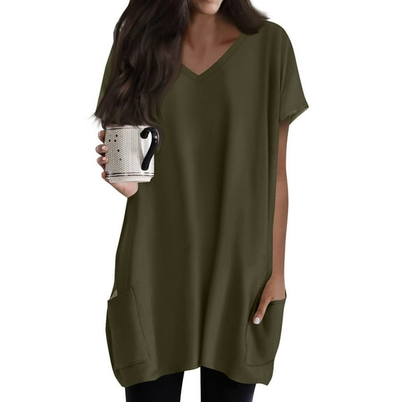 TQWQT Women's Long Shirts for Leggings with Pockets Short Sleeve Tunic Tops Solid Color Long Tops V-Neck Oversized T-Shirts Plus Size Summer Tops