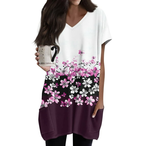 TQWQT Women's Long Tunic Tops to Wear with Leggings Long Shirts Short Sleeve Plus Size Shirt Oversized V-Neck T-Shirts Ethnic Floral Print Long Tops
