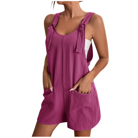 TQWQT Women's Loose Short Overalls Summer Rompers Casual Knot Front Sleeveless Jumpsuits Adjustable Strap Overalls Short Harem Pants Romper with Pockets,Purple XL