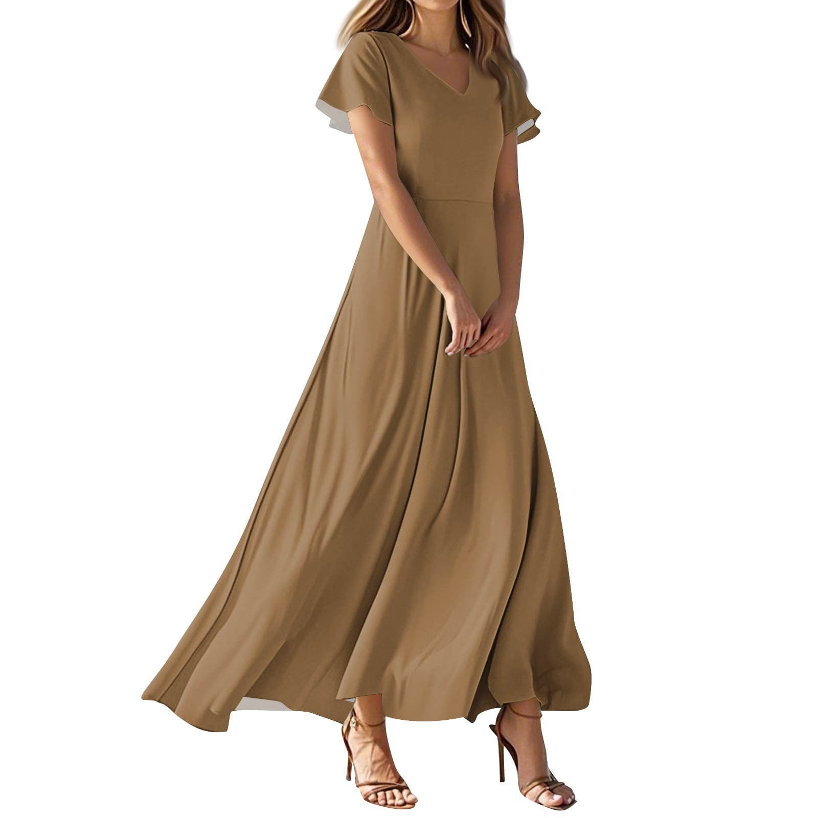 cute summer church dresses TQWQT Women's Maxi Dresses Plus Size Coffee Dress Short Sleeve Casual Summer Dress Boho V Neck Church Dresses Cute Tiered Dress Coffee XXL