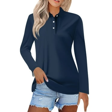 TQWQT Women's Navy Polo Shirts Cotton 3 Button Long Sleeve Tops Cool Shirt Business Casual Work Collared Shirts Navy 3XL