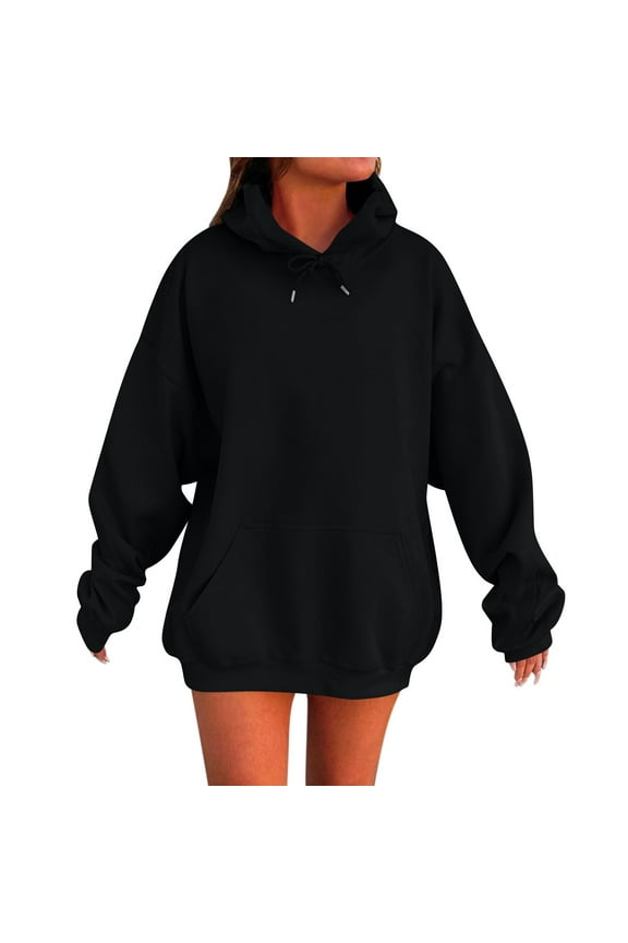 Women's Oversized Black Hoodies Cute Trendy Plus Size Hoodie Long Sleeve Hooded Sweatshirt Plain Y2k Hoodies with Pockets Black M