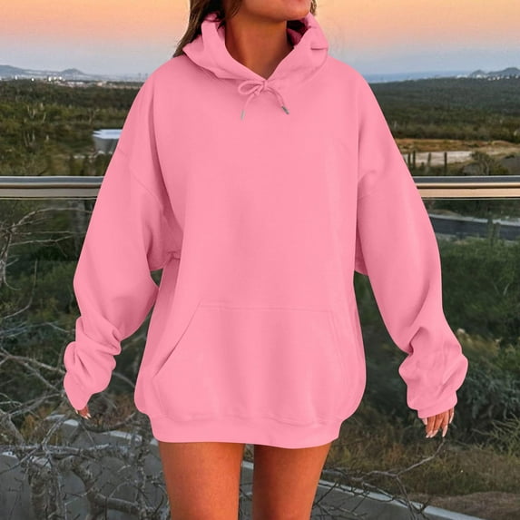 TQWQT Women's Oversized Sweatshirts Pink Hoodie Long Sleeve Cute Plus Size Hoodie Plain Hooded Sweatshirt Y2k Hoodies with Pockets Pink 5XL