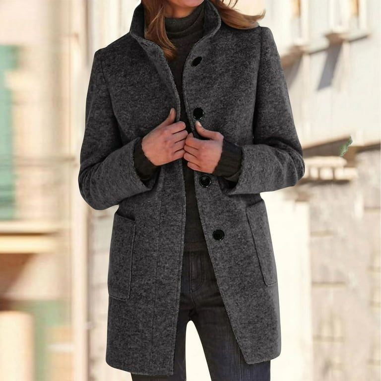 TQWQT Women's Pea Coats Clearance Wool Black Jacket Winter Stand