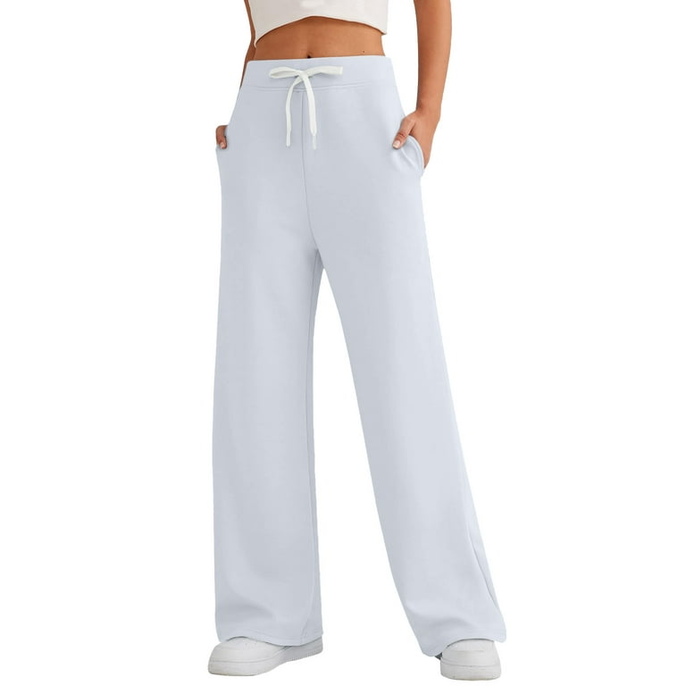 TQWQT Women's Petite Wide Leg Sweatpants Lightweight Aesthetic Open Bottom  Cozy Ladies Athletic Sweat Pants with Pockets White XL