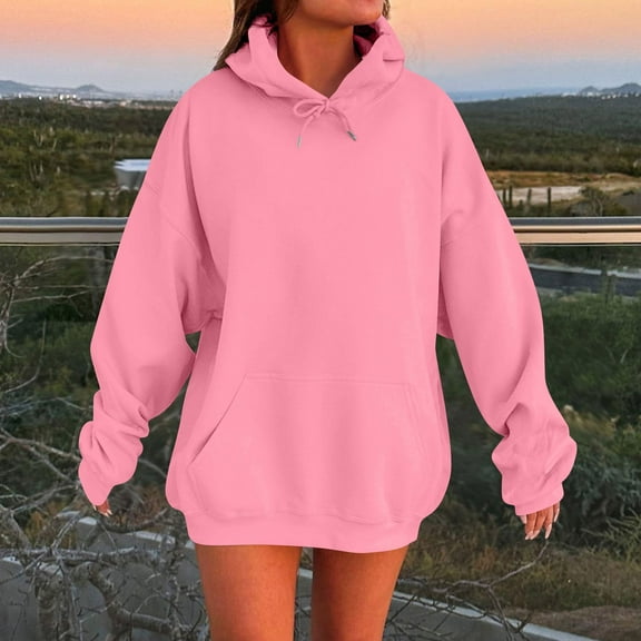 TQWQT Women's Pink Hoodie Oversized Y2k Pullover Hooded Sweatshirts Long Sleeve Cute Y2k Hoodies Plus Size Pullover Tops with Pockets Pink M