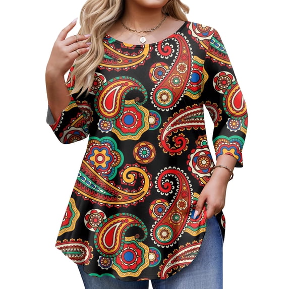 TQWQT Women's Plus Size 3/4 Sleeve Floral Tunic Top - Soft Stretchy Fabric, High-Low Hem, Casual Loose Swing Blouse for Leggings/Jeans 3XL