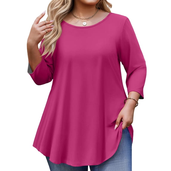 TQWQT Women's Plus Size 3/4 Sleeve Hot Pink Tunic Flowy High-Low Hem Blouse Perfect for Office Casual Weekend Errands Jeans 4XL