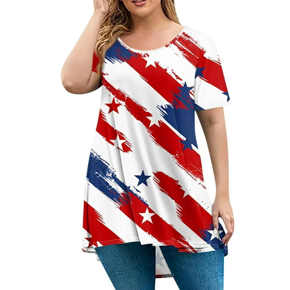 TQWQT Women's Plus Size 4th of July Tops Dressy Summer Crew Neck Tunic Shirts American Flag T-Shirt Short Sleeve Tops Loose Patriotic Womens Clothing