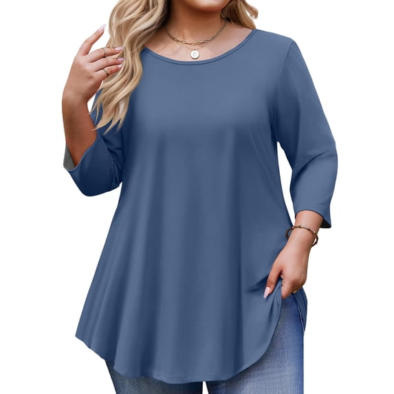 TQWQT Women's Plus Size Blue Tunic Blouse 3/4 Sleeve Cost-Effective Soft Fabric for Leggings Jeans Everyday Wear 2XL