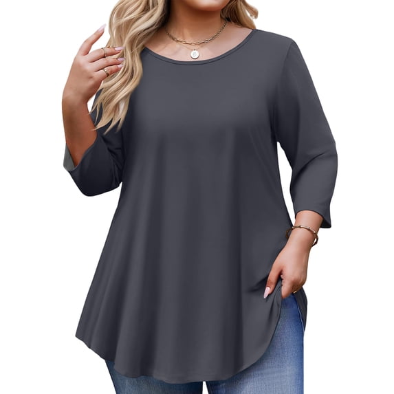 TQWQT Women's Plus Size Dark Gray 3/4 Sleeve Tunic Top - Flowy Swing Silhouette, Stretchy Fabric, High-Low Hem, Leggings-Friendly Casual Blouse 2XL
