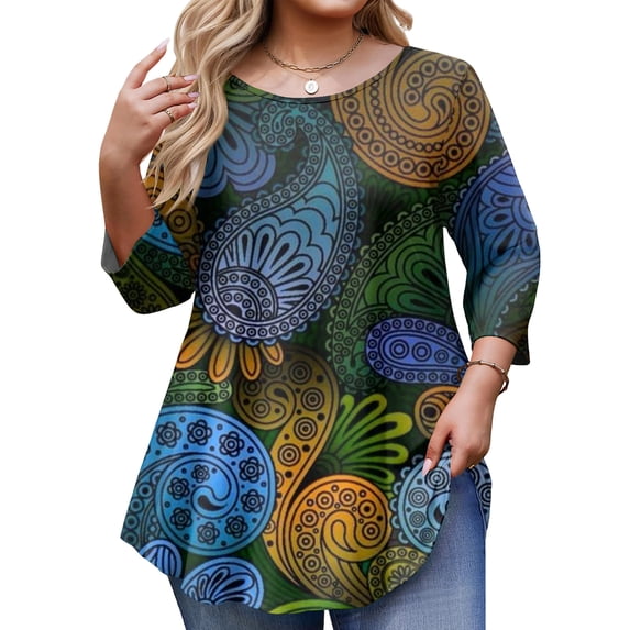 TQWQT Women's Plus Size Floral 3/4 Sleeve Tunic Top Soft Stretchy Blouse Casual Loose Fit for Leggings Jeans Daily Wear 2XL