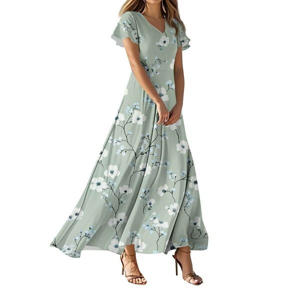 TQWQT Women's Plus Size Floral Dresses Casual Long Spring Dress Short Sleeve V Neck Chiffon Dresses Boho Summer Tiered Dress Mint Green M