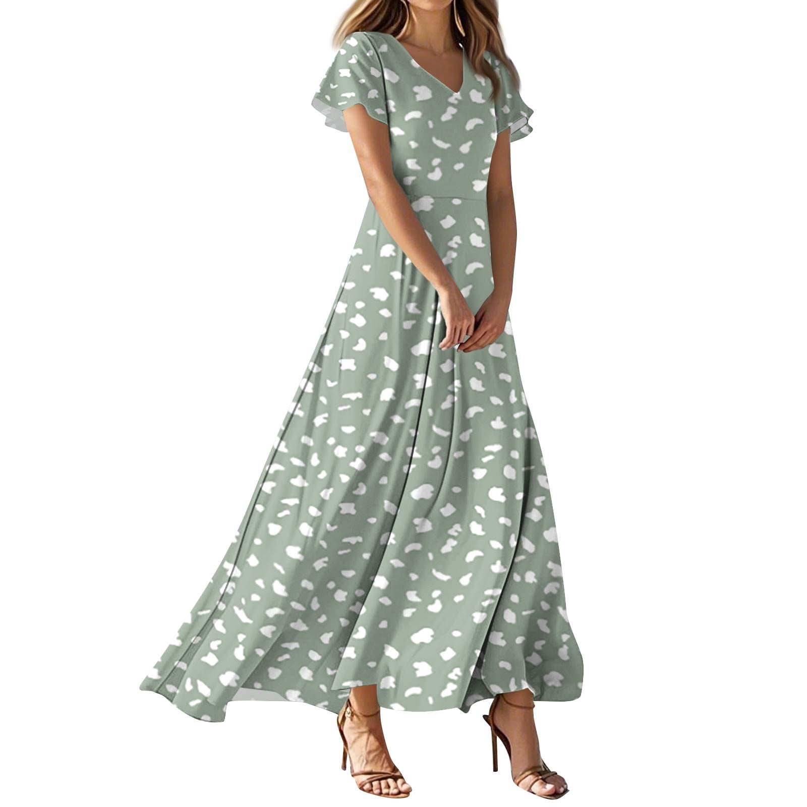 TQWQT Women's Plus Size Floral Dresses Casual Long Summer Dress Short  Sleeve V-neck Church Dresses Boho Cute Tiered Dress Mint Green XS