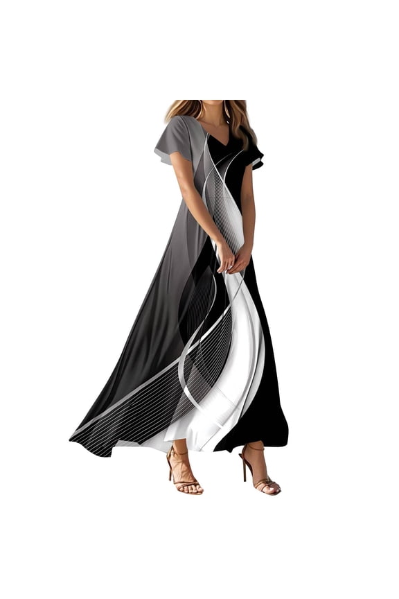 Women's Plus Size Floral Dresses Maxi Boho Beach Dress Short Sleeve V Neck Chiffon Dresses Casual Summer Tiered Dress Black S