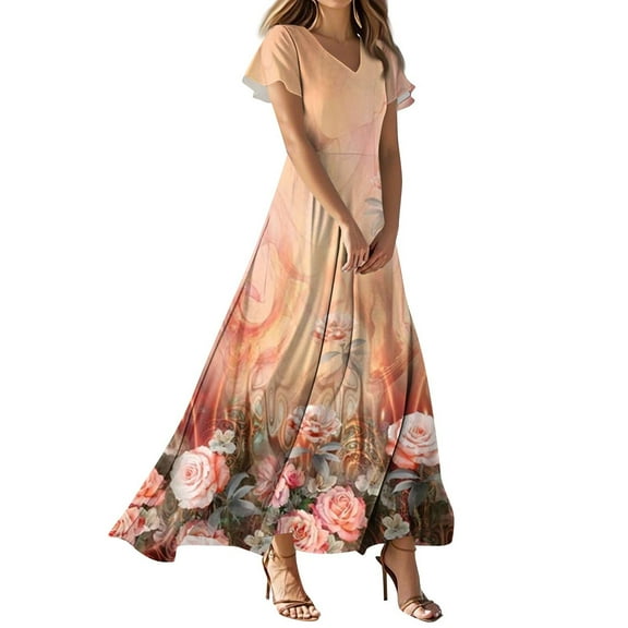 TQWQT Women's Plus Size Floral Dresses Maxi Boho Summer Dress Short Sleeve V Neck Wedding Guestes Casual Cute Tiered Dresses Orange XXL