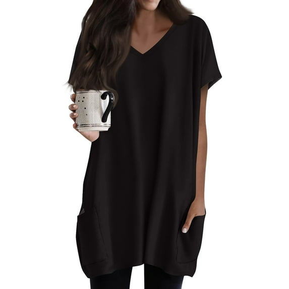 TQWQT Women's Plus Size Long Shirts for Legging Oversized Tunic Tops with Pockets V-Neck Short Sleeve T-Shirts Summer Solid Color Long Tops