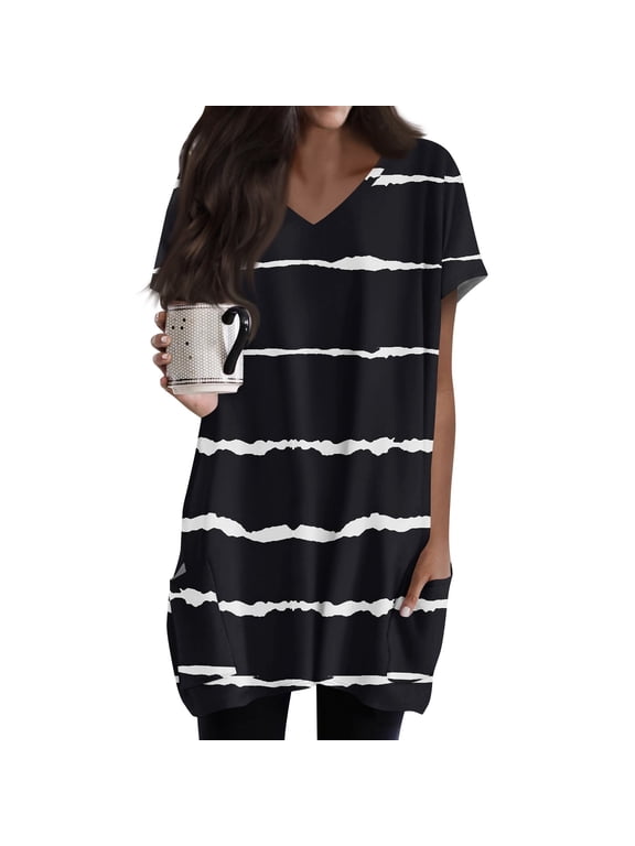 Women's Plus Size Long Shirts for Legging Oversized Tunic Tops with Pockets V-Neck Short Sleeve T-Shirts Summer Women Clothes