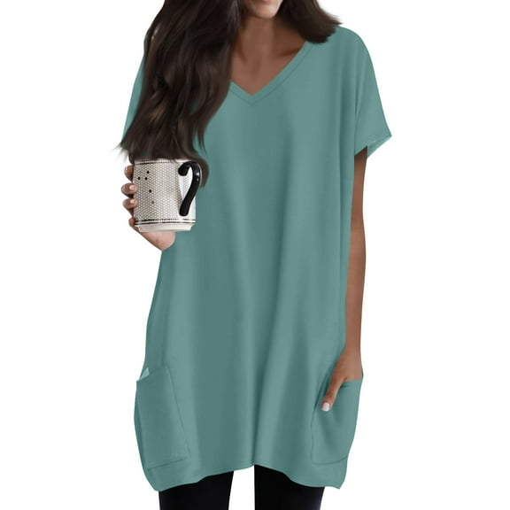 TQWQT Women's Plus Size Long Shirts for Legging Oversized Tunic Tops with Pockets V-Neck Short Sleeve T Shirts Summer Women Clothes