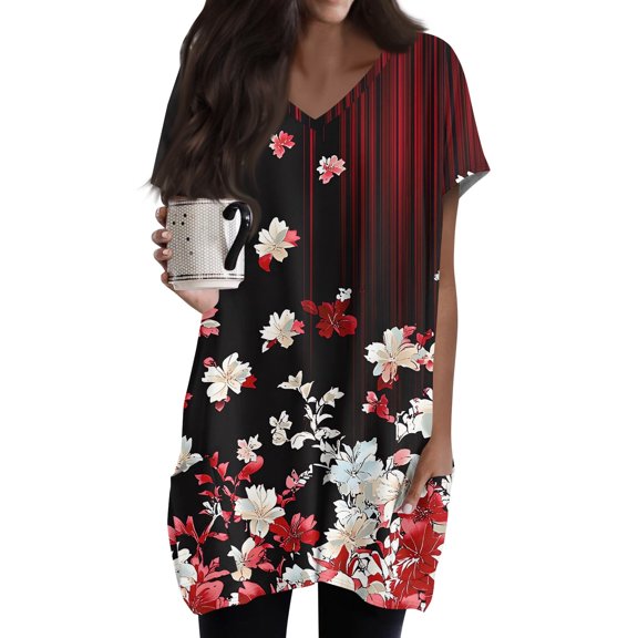 TQWQT Women's Plus Size Long Shirts for Legging Tunic Tops with Pockets V Neck Short Sleeve T Shirts Oversized Women Clothes Summer Tops