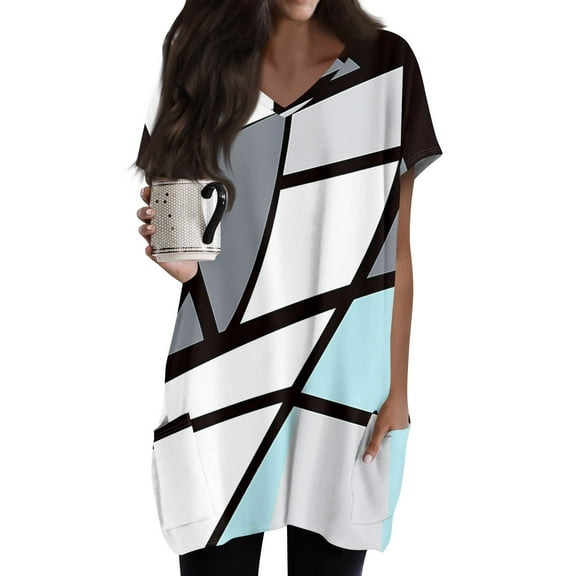 TQWQT Women's Plus Size Long Tunic Tops to Wear with Leggings Long Shirts Short Sleeve V-Neck T-Shirts Oversized Color Block Long Tops