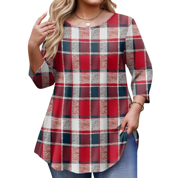 TQWQT Women's Plus Size Plaid Tunic - 3/4 Sleeve, Round Neck, Soft Easy-Care Fabric, High-Low Hem, Flowy Loose Fit Top for Jeans/Layering 2XL