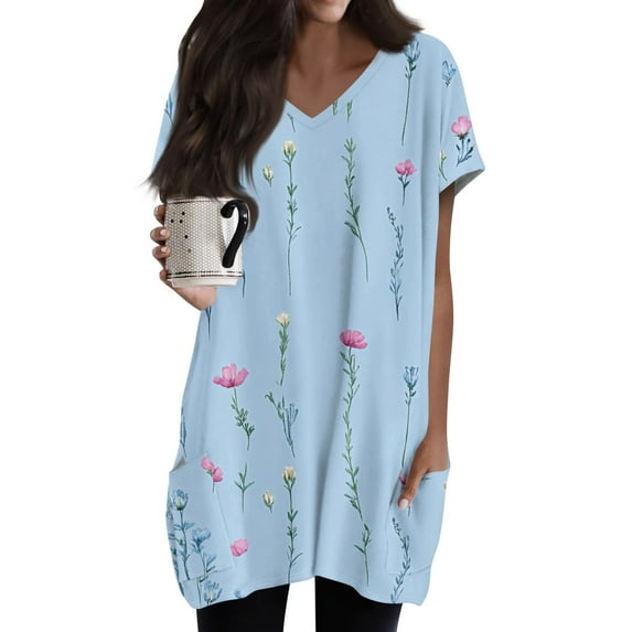 TQWQT Women's Plus Size Shirt Long Tunic Tops for Legging Short Sleeve Oversized Shirt Summer V-Neck T Shirts Ethnic Floral Print Long Tops