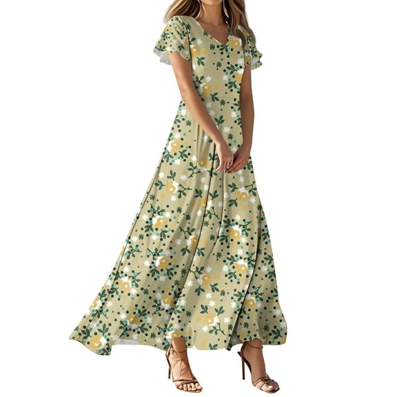 TQWQT Women's Plus Size Spring Dress Casual Long Floral Dresses Short Sleeve V Neck Church Dress Boho Summer Tiered Dresses Green S