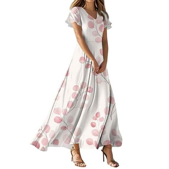 TQWQT Women's Plus Size Spring Dress Floral V Neck Short Sleeve Midi Wedding Guestes Dress Casual Maxi Dresses Easter Ruffle Hem Swing Dress Pink XL