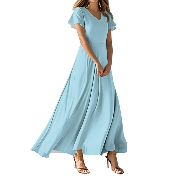 TQWQT Women's Plus Size Spring Dresses Casual Long Sky Blue Dress Short Sleeve V Neck Church Dresses Boho Summer Tiered Dress Sky Blue L