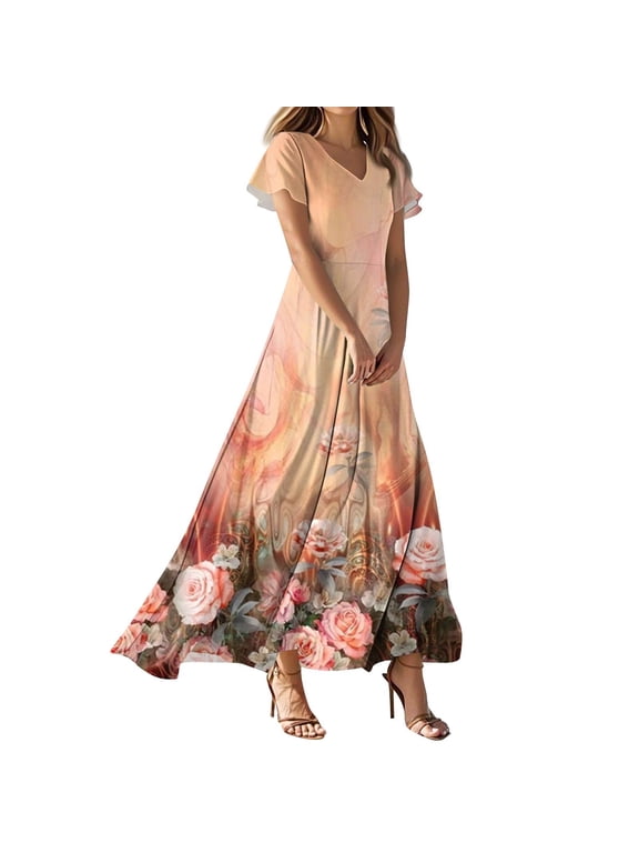 Women's Plus Size Summer Dress Casual Long Floral Dresses Short Sleeve V Neck Church Dress Boho Cute Tiered Dresses Orange S