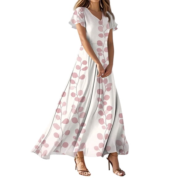 TQWQT Women's Plus Size Summer Dress Floral V-neck Short Sleeve Cute Wedding Guestes Dress Casual Maxi Dresses Tiered Ruffle Hem Swing Dress Light pink L