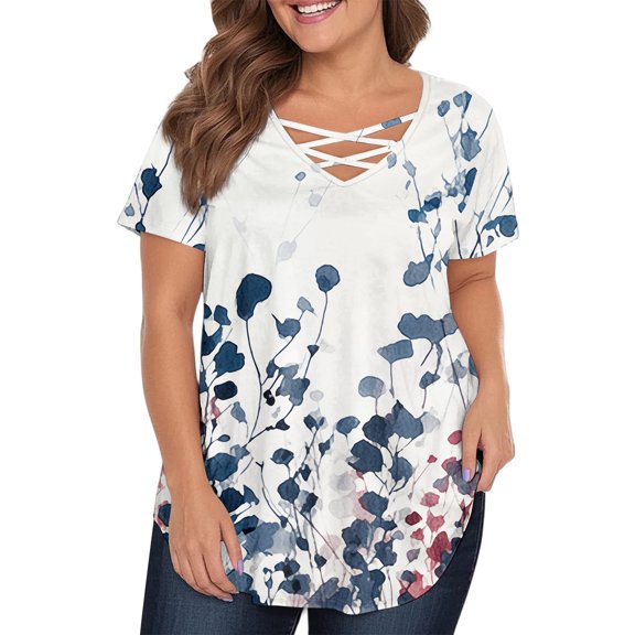 TQWQT Women's Plus Size Tops 4x-5x Sexy Short Sleeve Shirts Floral Graphic Tees V Neck Criss Cross Tunic Shirts Large Casual Clothes for Women Navy L