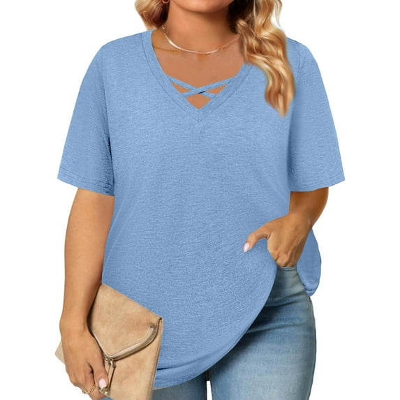 TQWQT Women's Plus Size Tops 4x-5x Sexy V Neck Criss Cross Tunic Shirts Sky Blue T-Shirt Short Sleeve Tunic Tops Dressy Casual Summer Clothes L