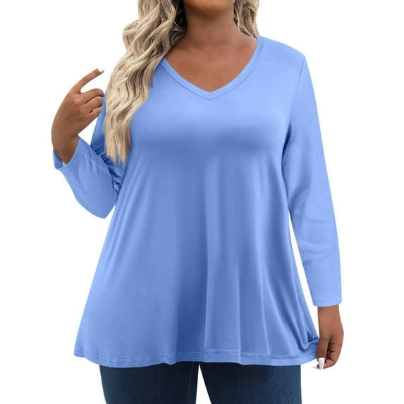 TQWQT Women's Plus Size Tops 4x-5x Sexy V Neck T Shirts Solid Color T-Shirt Long Sleeve Tunic Tops Dressy Casual Outfits for Women Light Blue 4XL