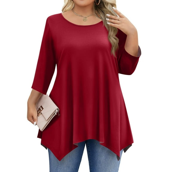TQWQT Women's Plus Size Tops 3x Women Tunic Crewneck Womens Long Sleeve Tops Dressy Casual Basic Plain Tshirts Plus Size Womens Clothes Red L