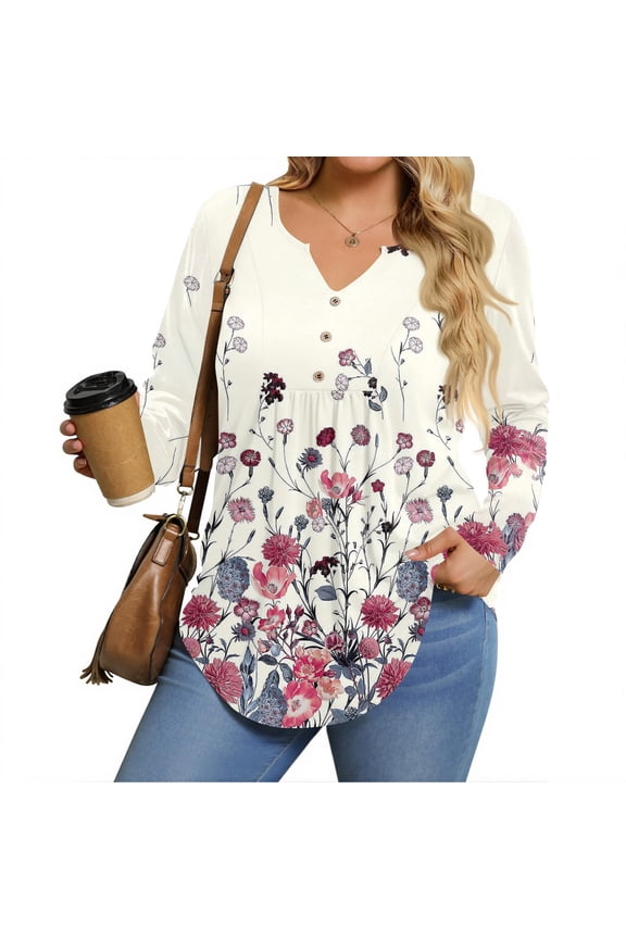 TQWQT Women's Plus Size Tops 4x Plus Tops V Neck Henley Floral Print Long Sleeves Tee Dressy Casual Graphic Tees Loose Fit Fall Outfits Pink L