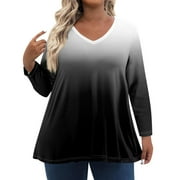 TQWQT Women's Plus Size Tops Clearance Spring Fashion V Neck Gradient Print Long Sleeve Tops Dressy Casual Blouses 4x Womens Plus Size Clothes Black 3XL
