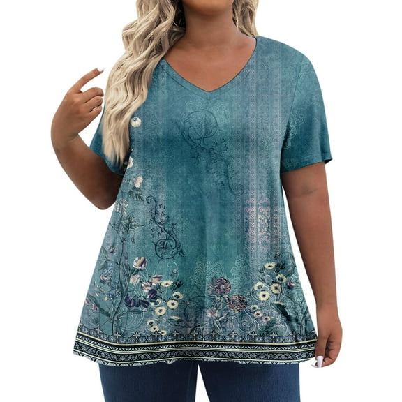 TQWQT Women's Plus Size Tops Cute Summer Floral Top Womens V Neck Tunic Short Sleeve Tops Dressy Casual Blouses Plus Size Womens Clothes