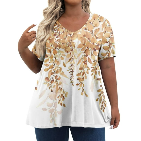 TQWQT Women's Plus Size Tops Cute Summer Floral Top Womens V Neck Tunic Short Sleeve Tops Dressy Casual Blouses Plus Size Womens Clothes